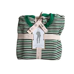 Victoria's Secret Thermal Long Pajama Set Green Black Cream Stripe Small Short